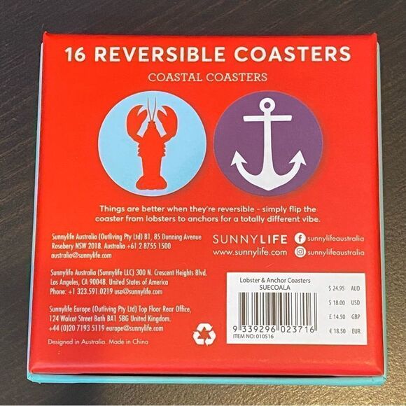 Sunny Life Set 16 Reversible Coastal Coasters Anchor Lobster NWT - Picture 3 of 6